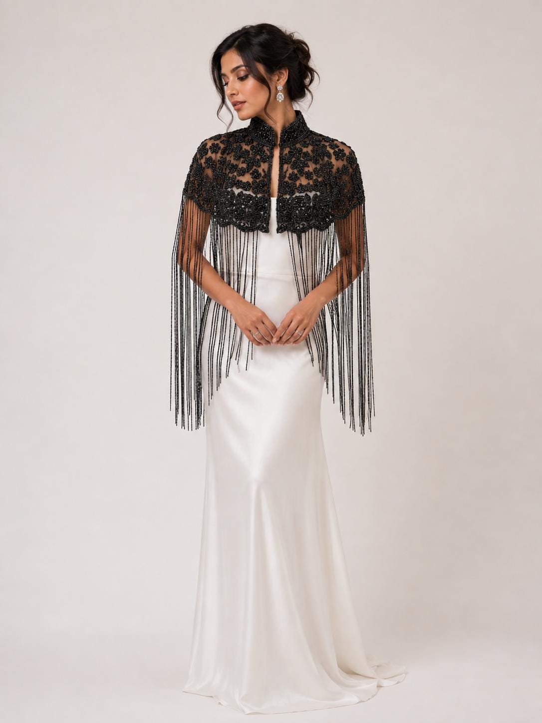 Black Floral Beaded Fringe Cape in black, view 3