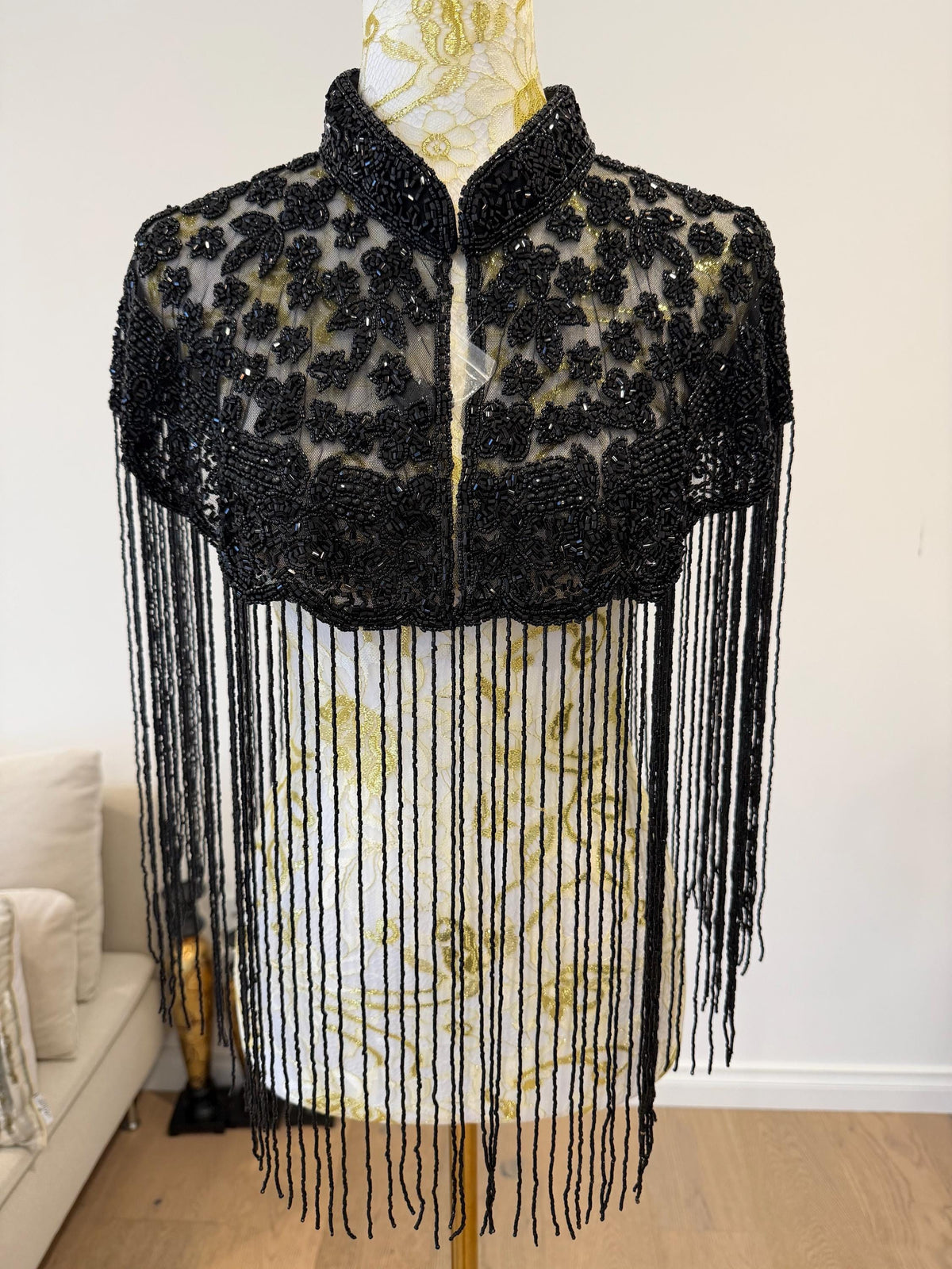 Black Floral Beaded Fringe Cape in black, view 5