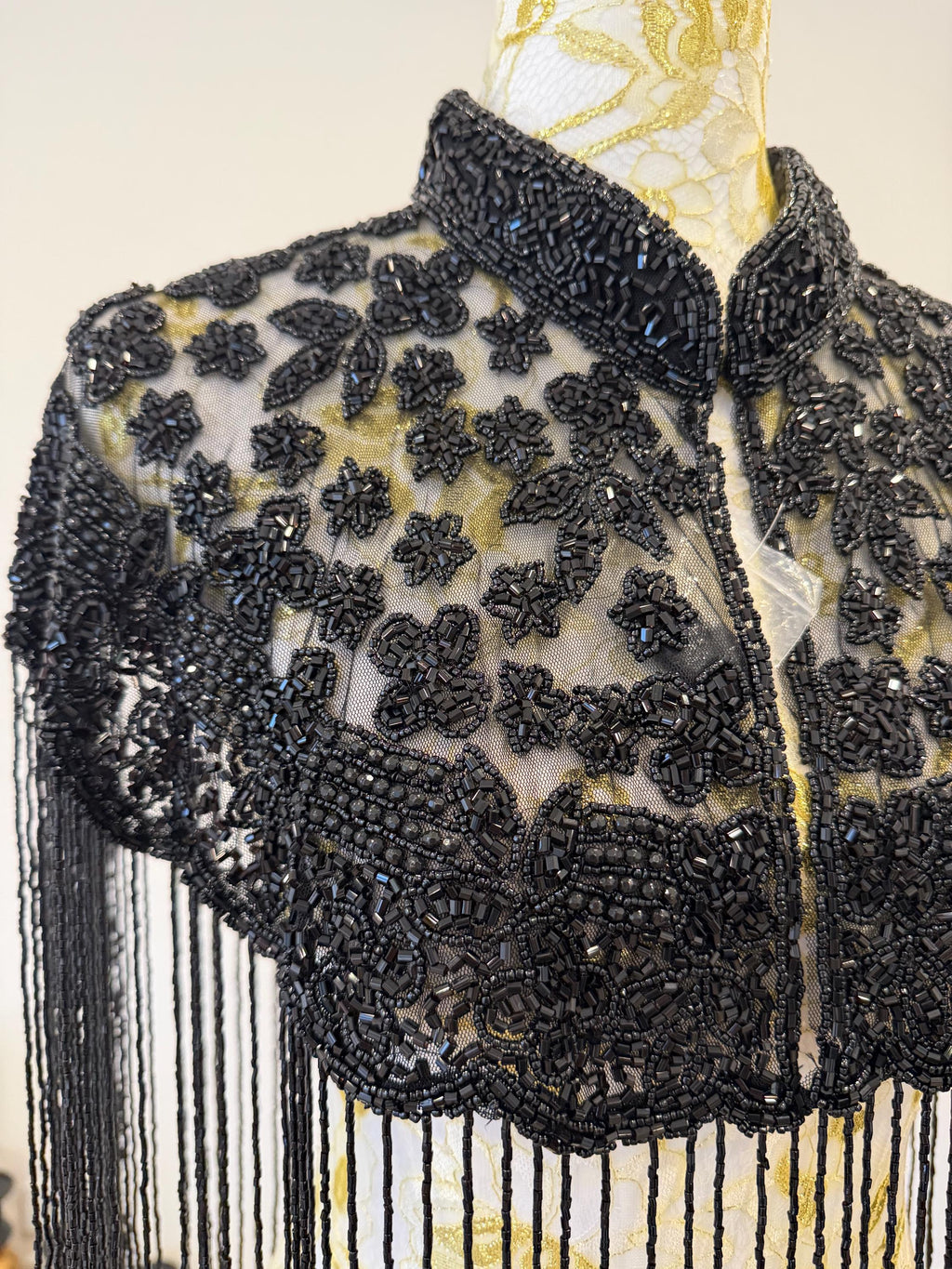 Black Floral Beaded Fringe Cape in black, view 7