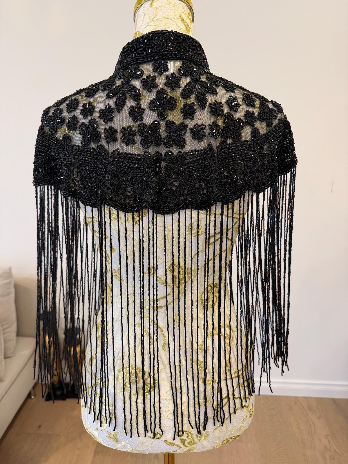 Black Floral Beaded Fringe Cape in black, view 9