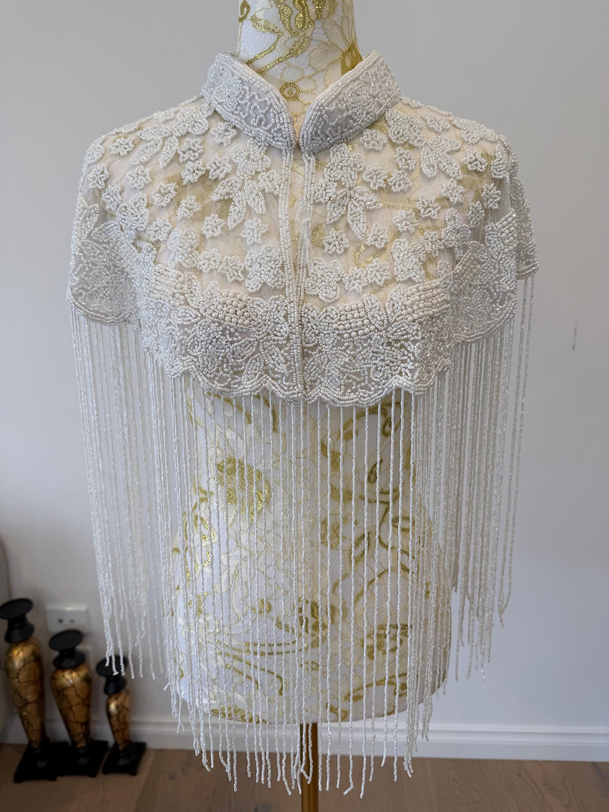 Ivory Bloom Beaded Fringe Capelet in white and ivory, view 4