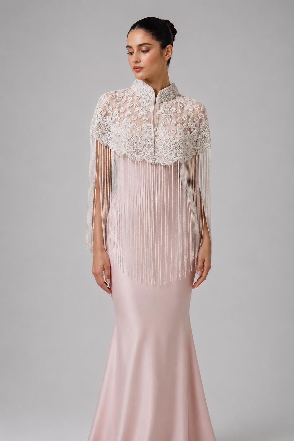 Ivory Bloom Beaded Fringe Capelet in white and ivory, view 1