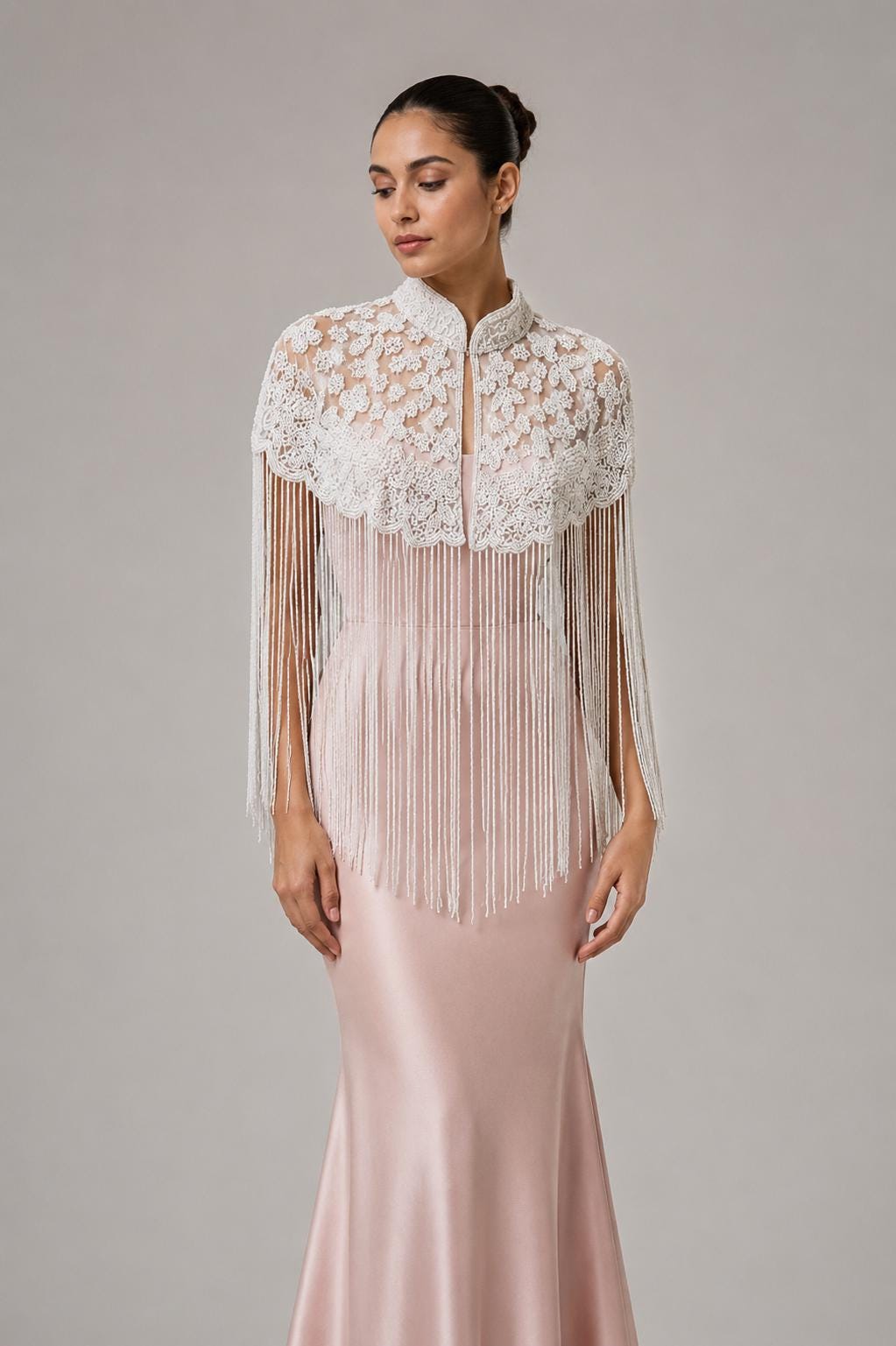 Ivory Bloom Beaded Fringe Capelet in white and ivory, view 2