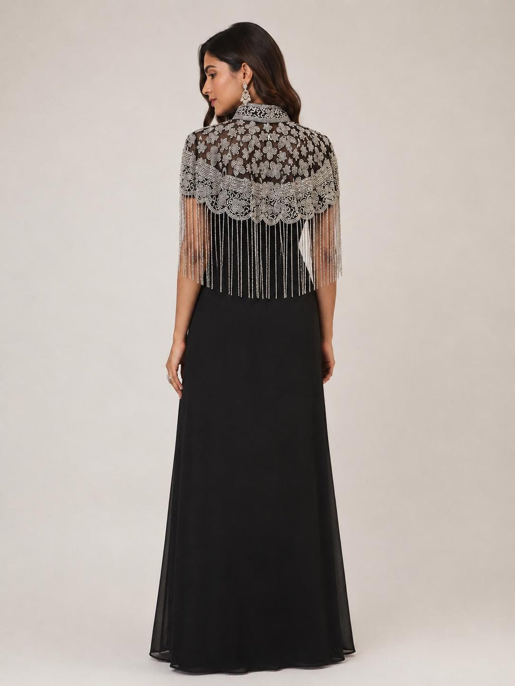 Silver Floral Beaded Fringe Cape in black and silver, view 2