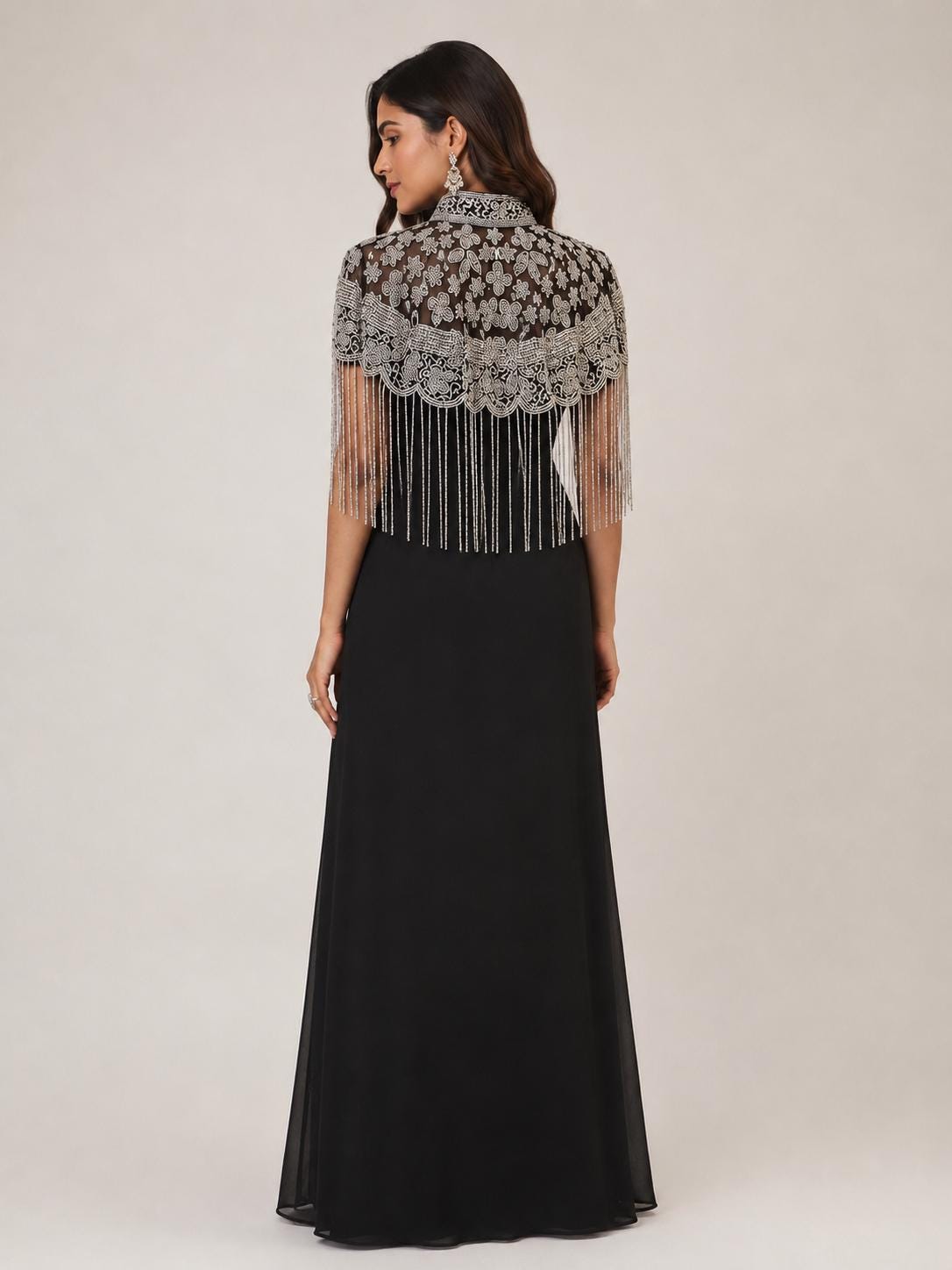 Silver Floral Beaded Fringe Cape in black and silver, view 2