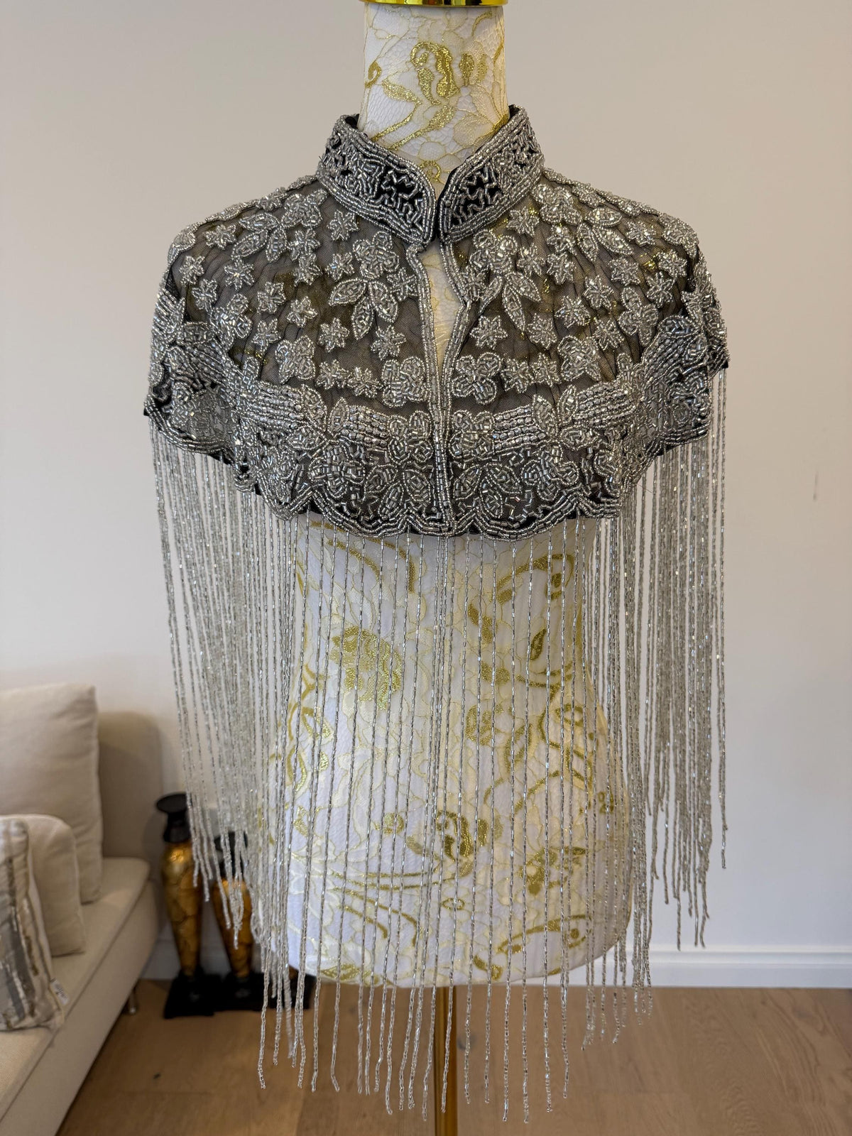 Silver Floral Beaded Fringe Cape in black and silver, view 3