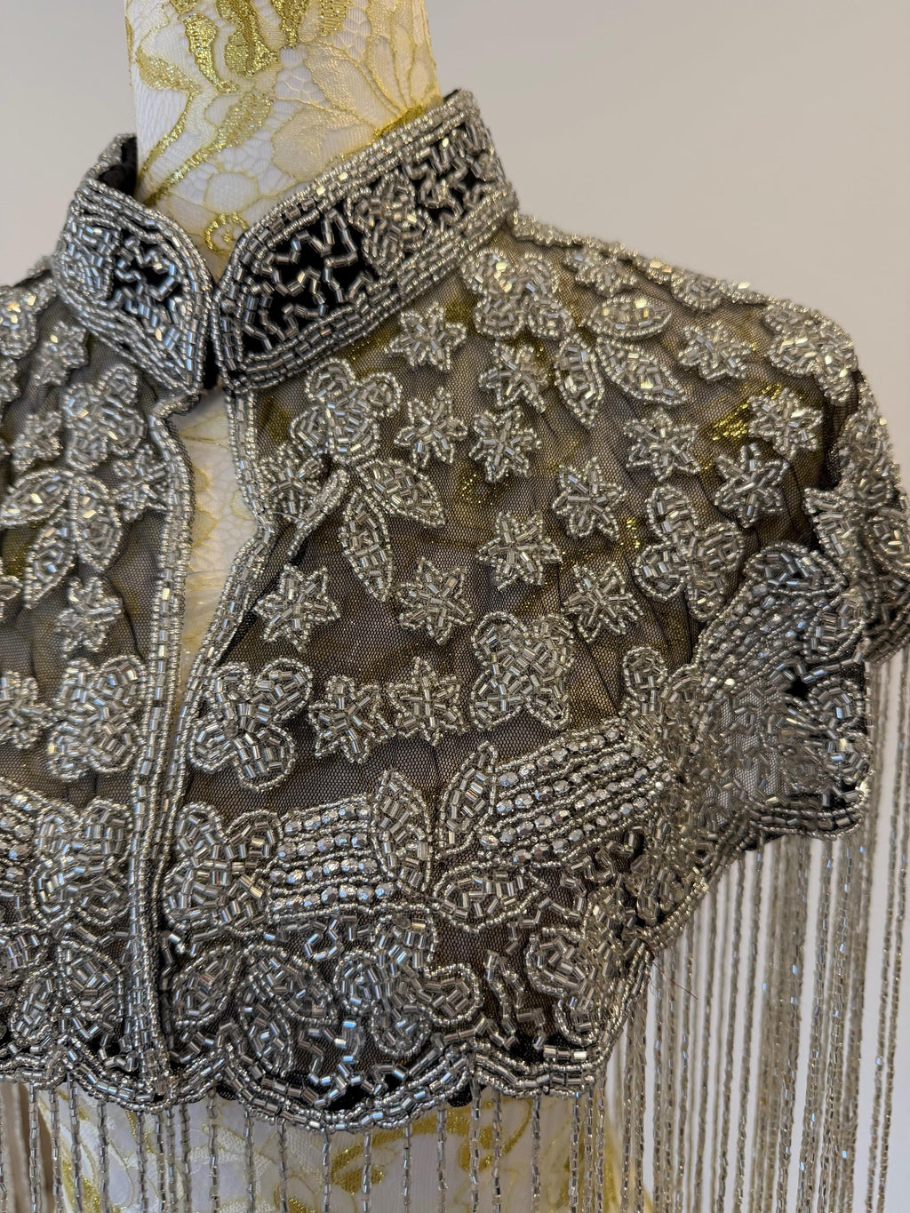 Silver Floral Beaded Fringe Cape in black and silver, view 6