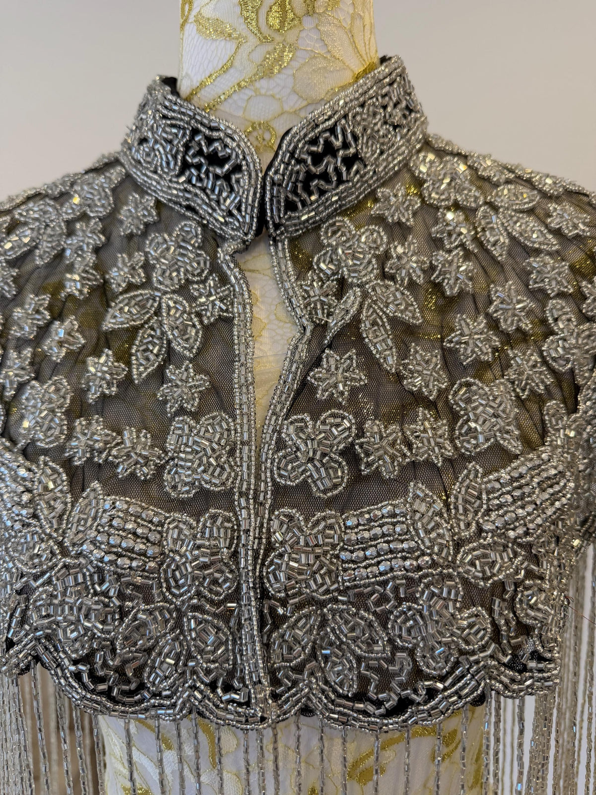Silver Floral Beaded Fringe Cape in black and silver, view 5
