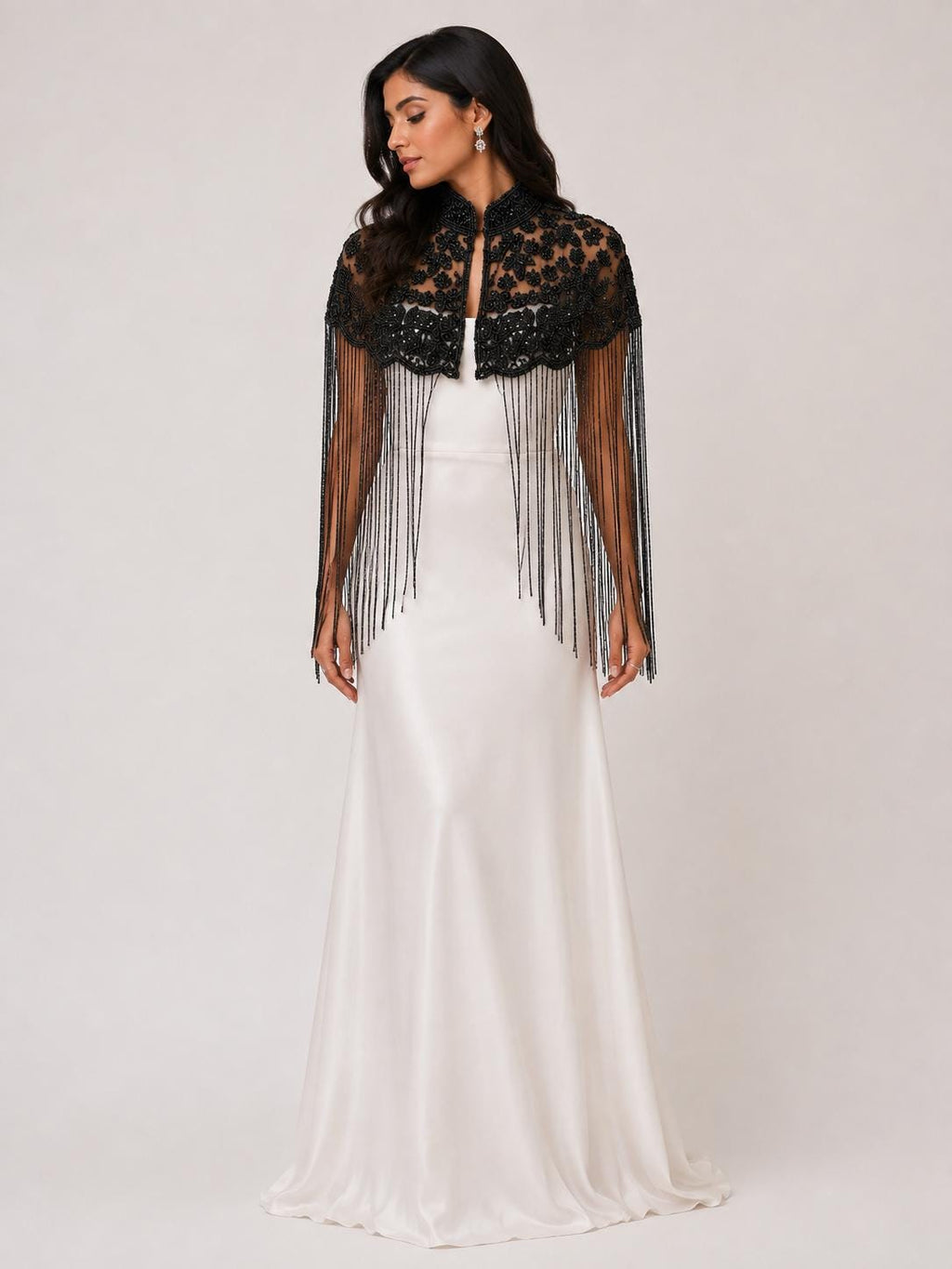 Black Floral Beaded Fringe Cape in black, view 1