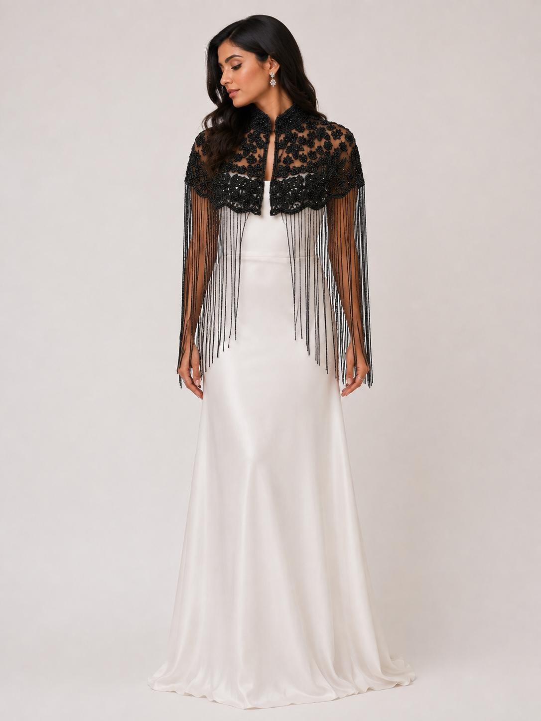 Black Floral Beaded Fringe Cape in black, view 1