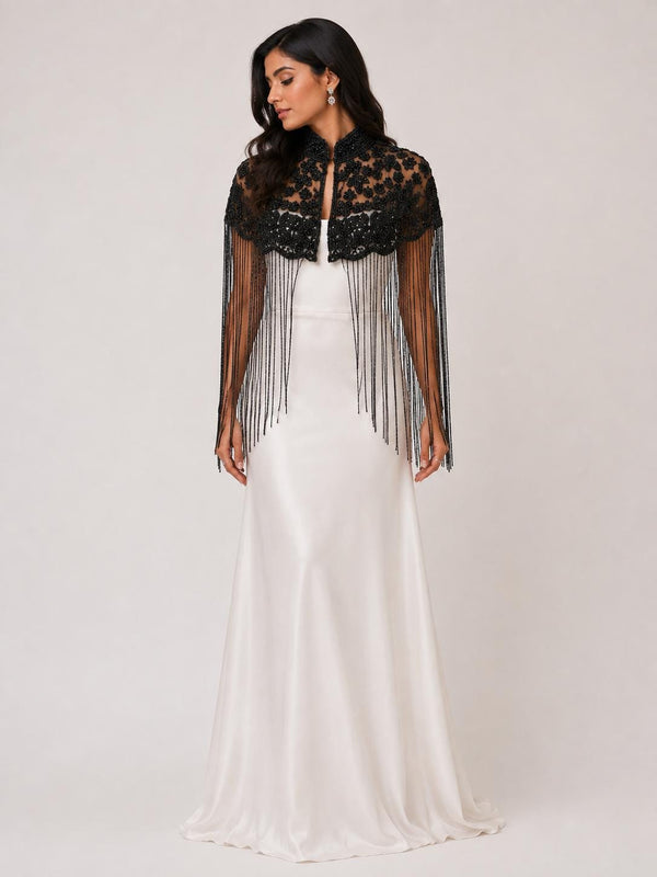 Black Floral Cape, hand beaded fringe cape