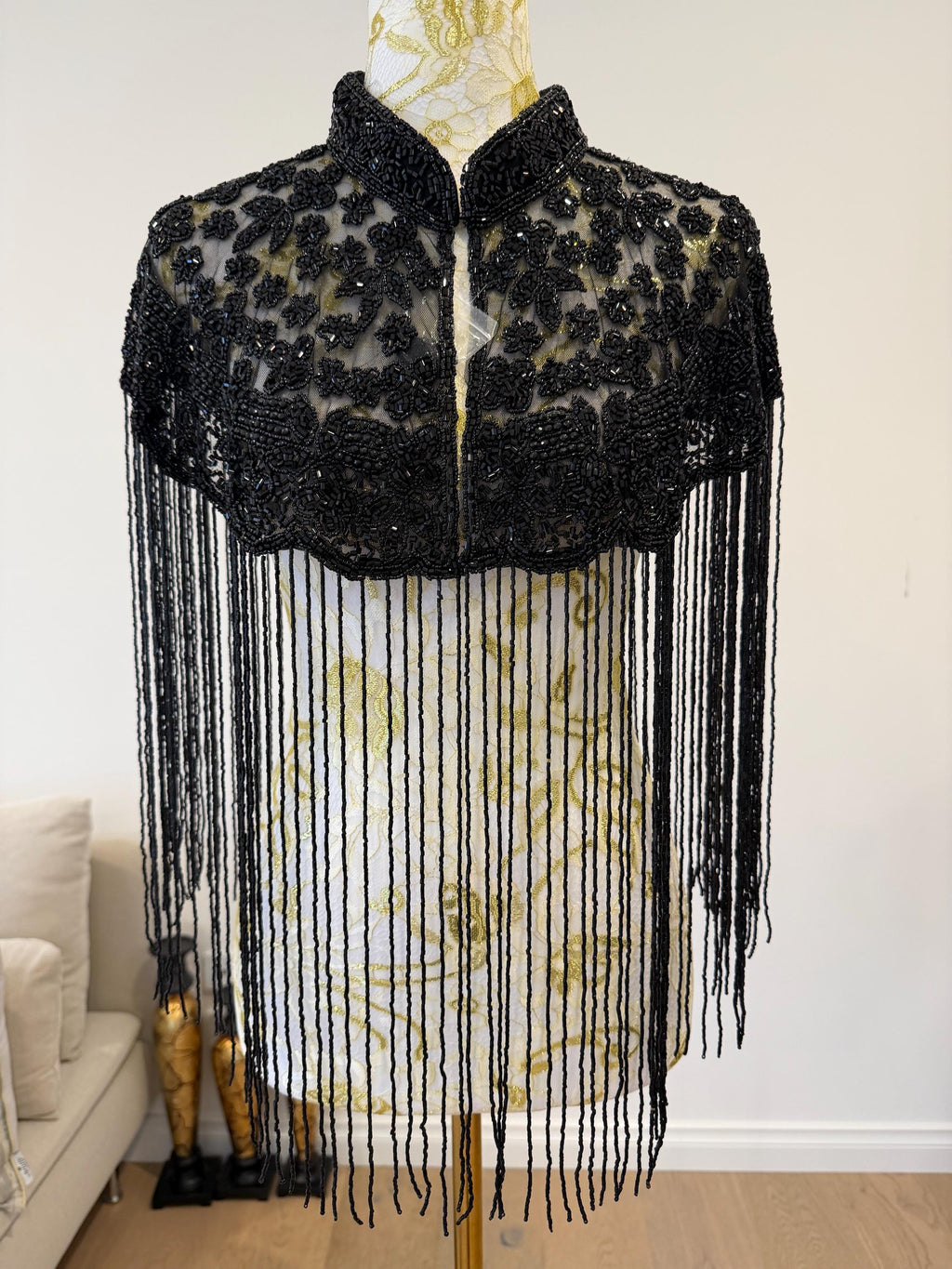 Black Floral Beaded Fringe Cape in black, view 4