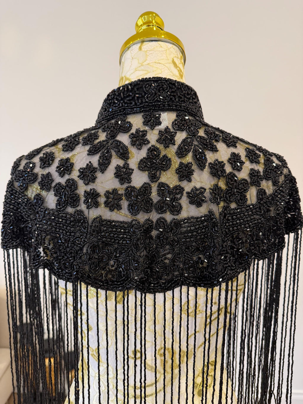 Black Floral Beaded Fringe Cape in black, view 6
