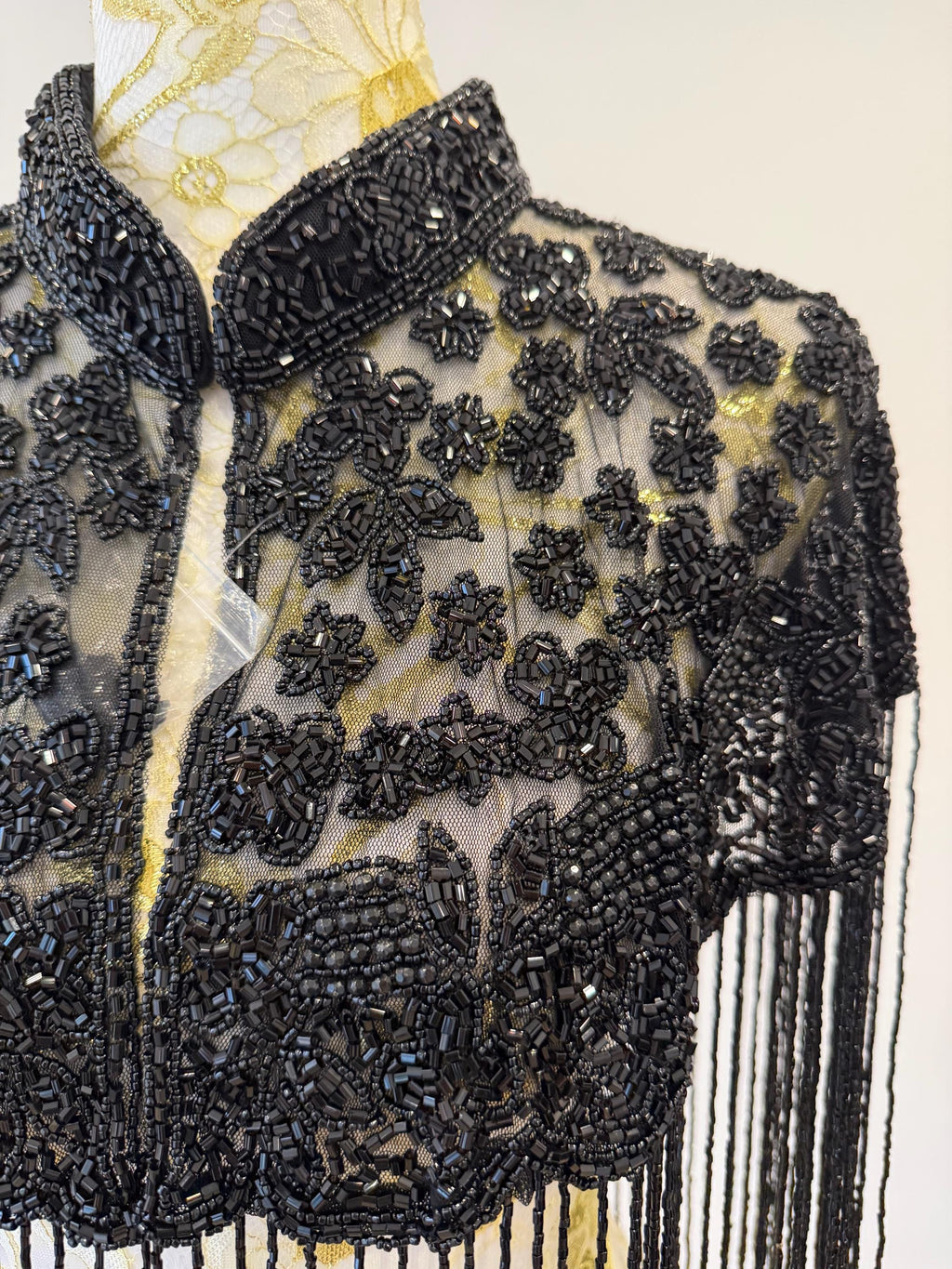 Black Floral Beaded Fringe Cape in black, view 8