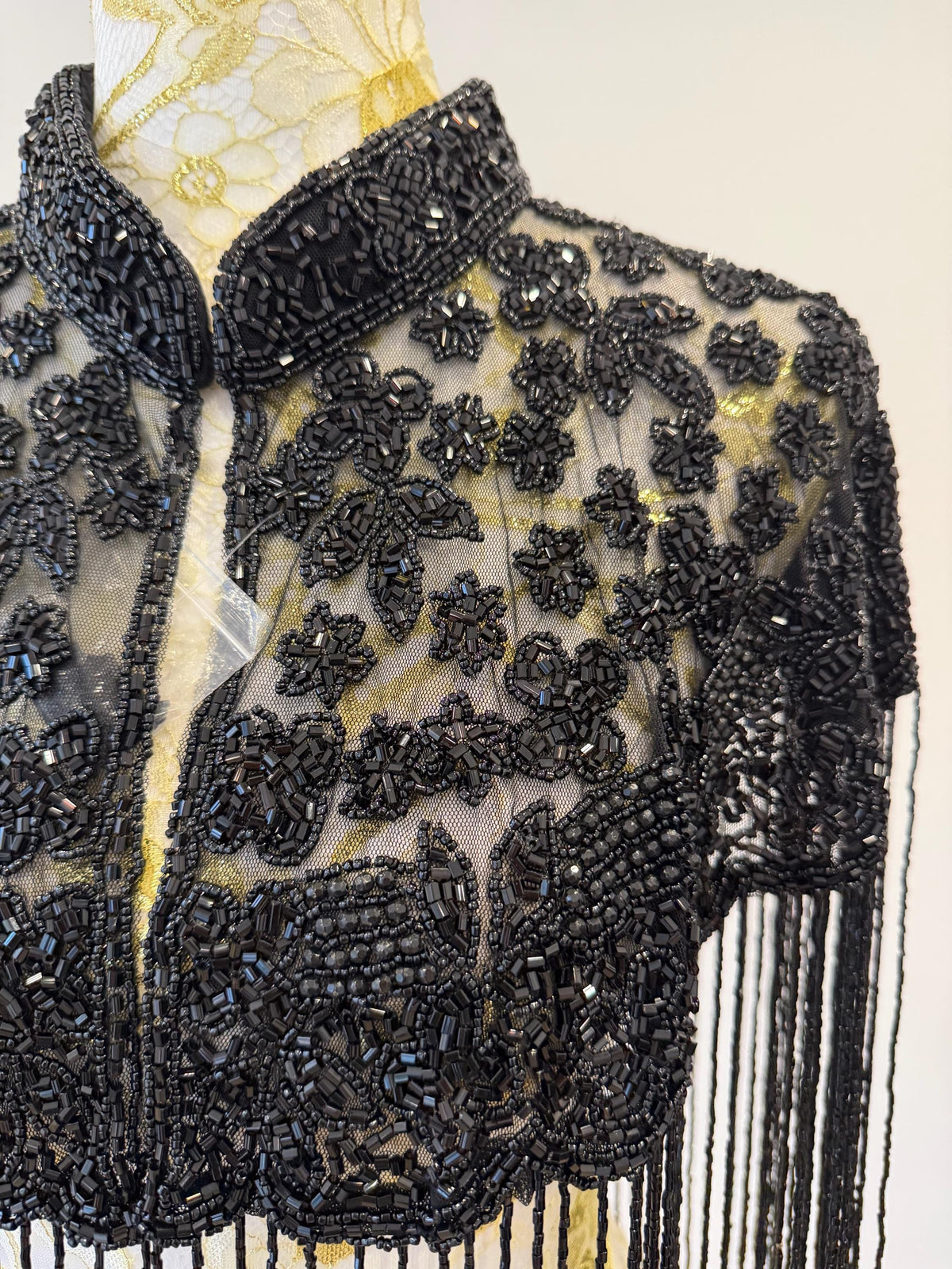 Black Floral Beaded Fringe Cape in black, view 8