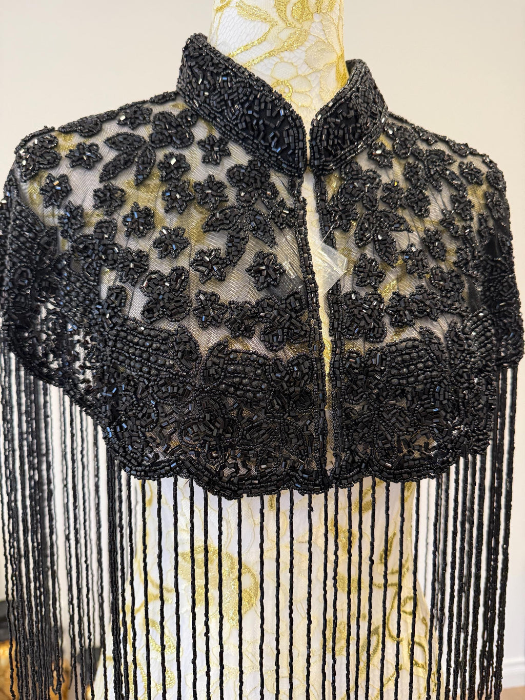 Black Floral Beaded Fringe Cape in black, view 11