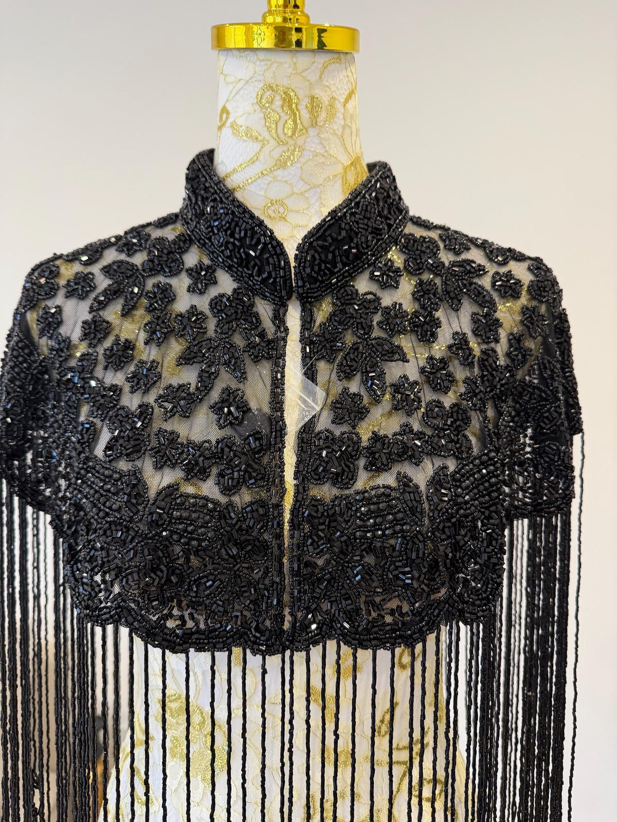 Black Floral Beaded Fringe Cape in black, view 10