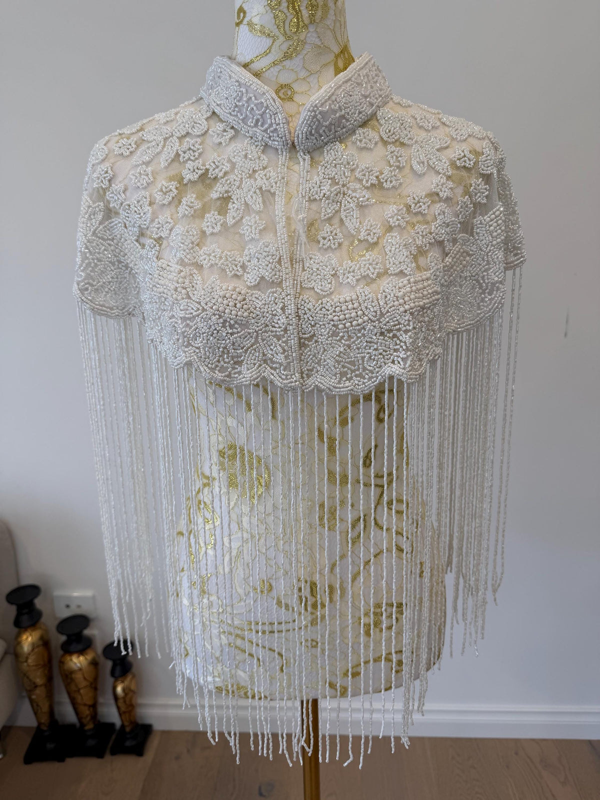 Ivory Bloom Beaded Fringe Capelet in white and ivory, view 5