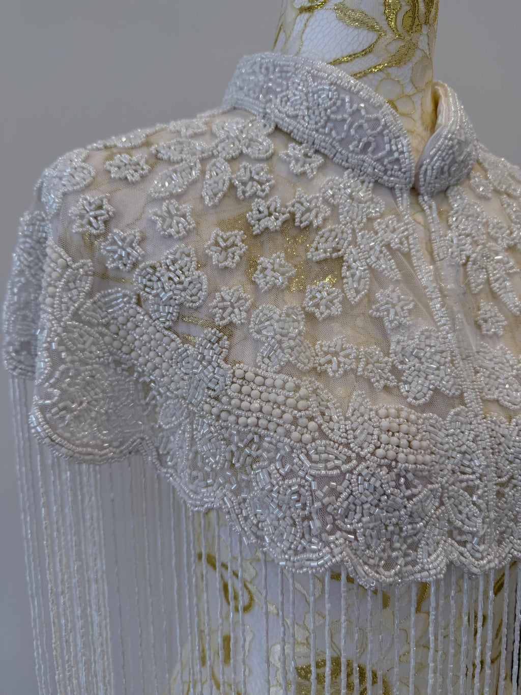 Ivory Bloom Beaded Fringe Capelet in white and ivory, view 9