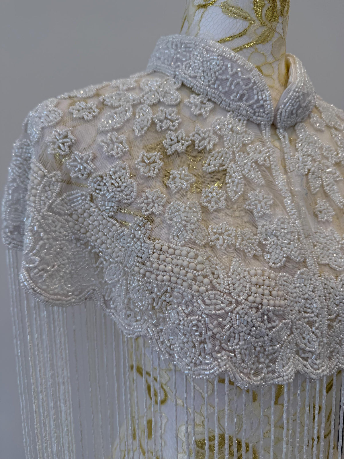 Ivory Bloom Beaded Fringe Capelet in white and ivory, view 9