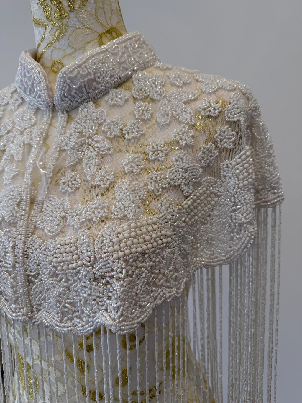 Ivory Bloom Beaded Fringe Capelet in white and ivory, view 8