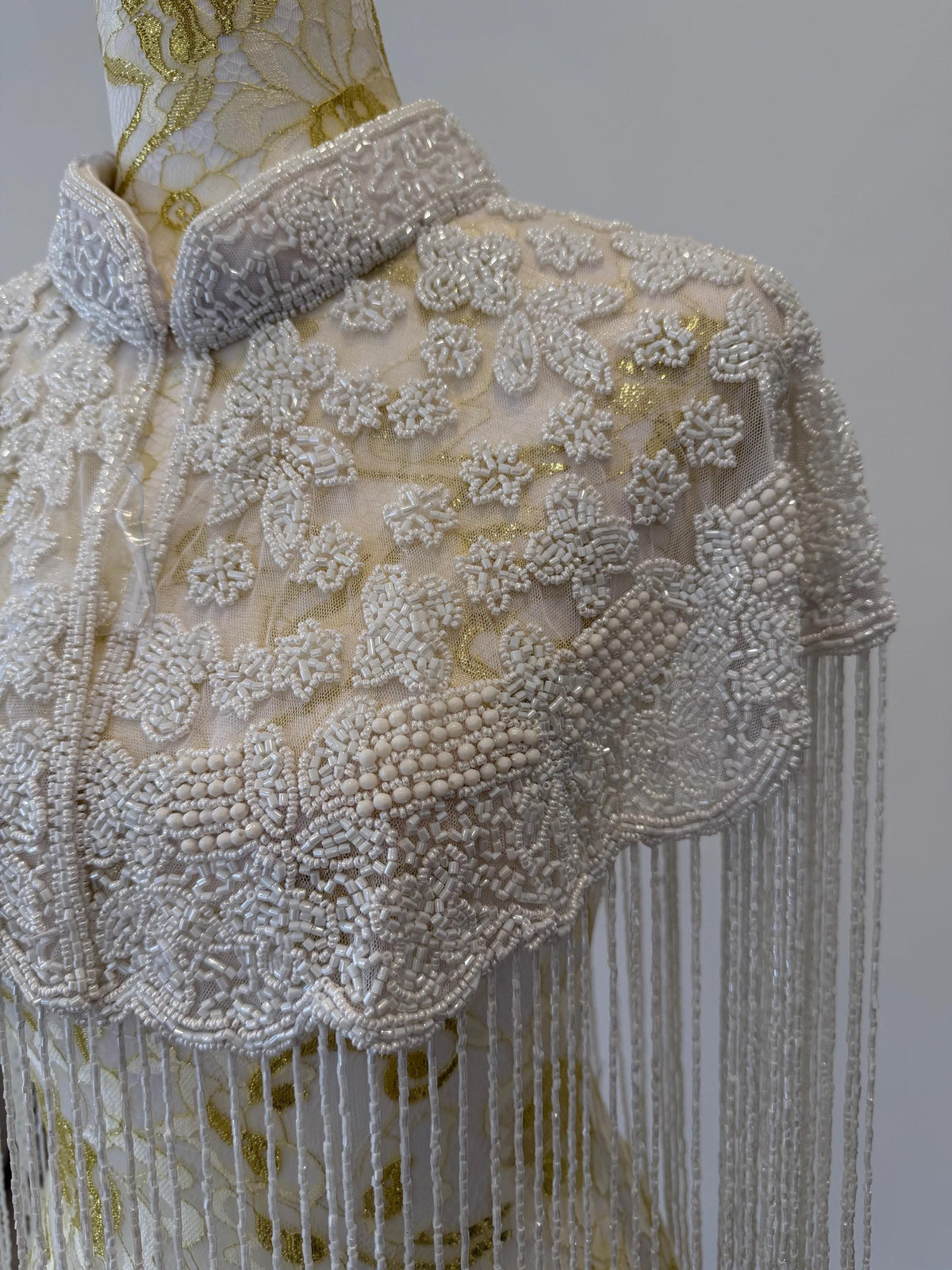 Ivory Bloom Beaded Fringe Capelet in white and ivory, view 8