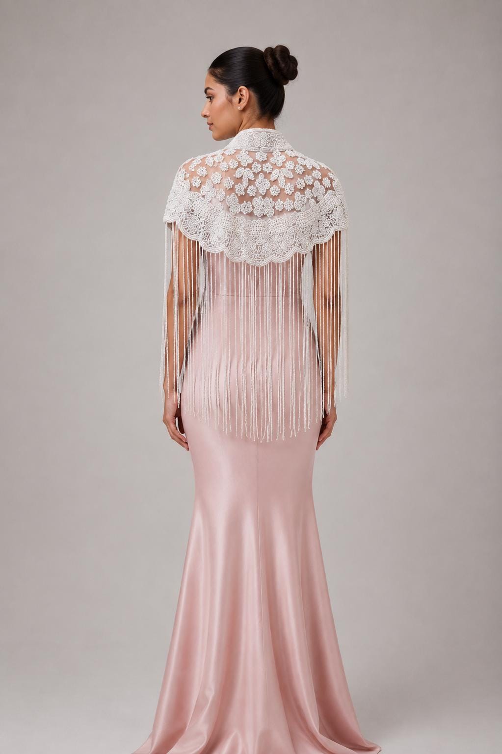 Ivory Bloom Beaded Fringe Capelet in white and ivory, view 3