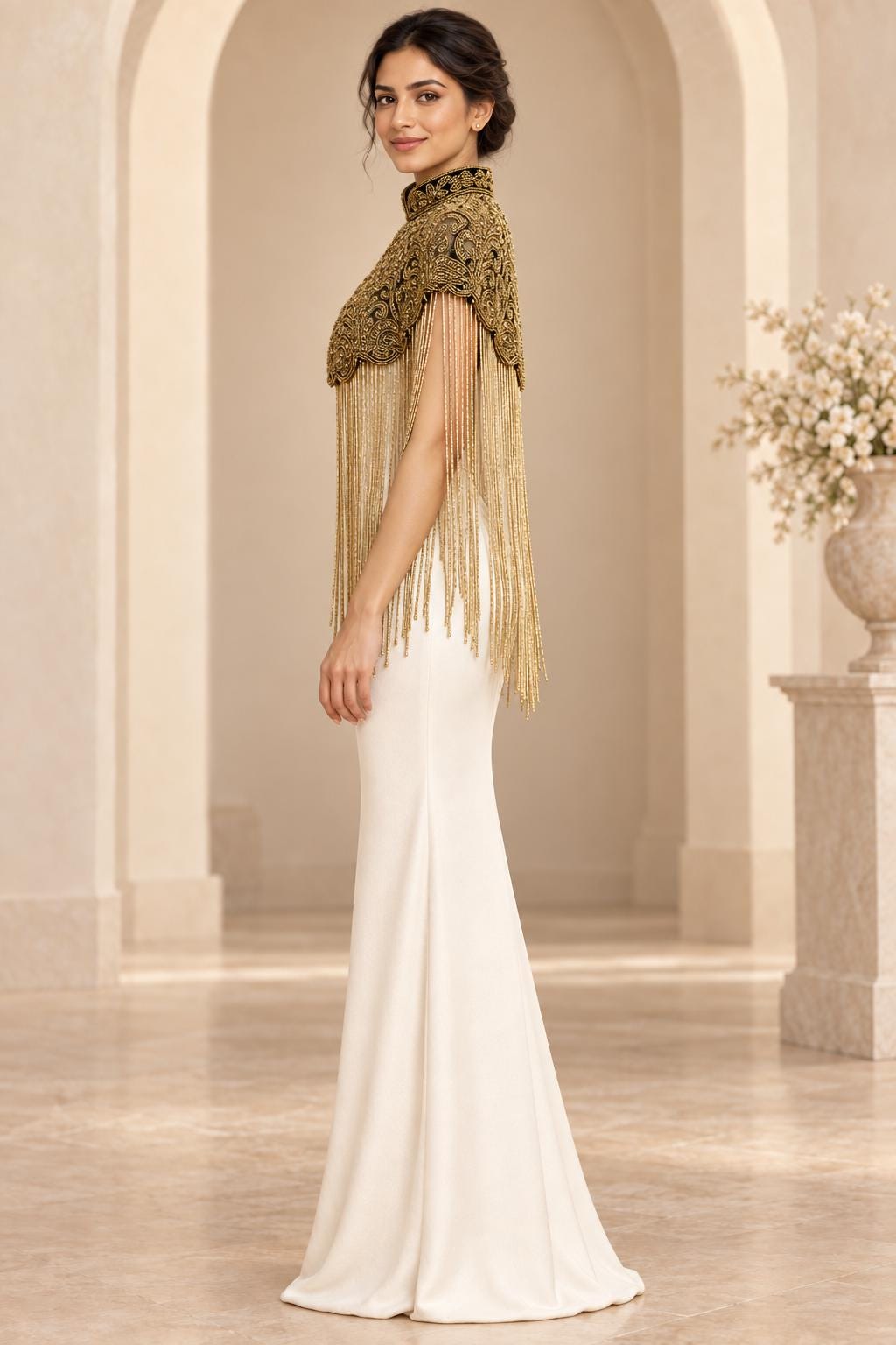 Gilded Noir Beaded Fringe Cape in black and gold, view 9