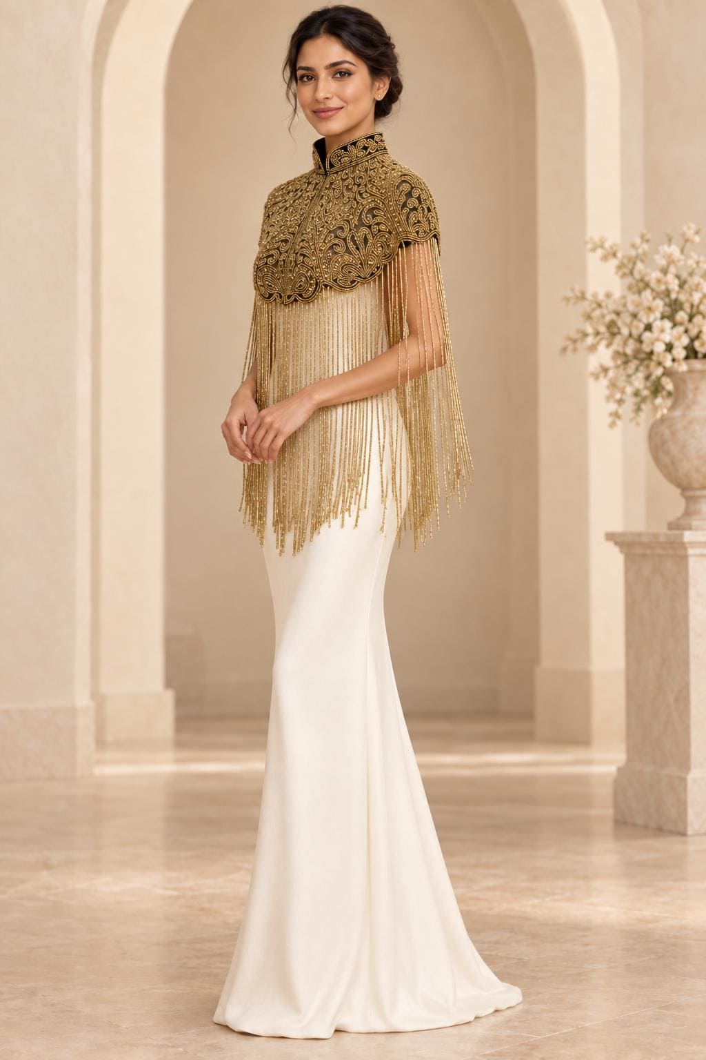Gilded Noir Beaded Fringe Cape in black and gold, view 7