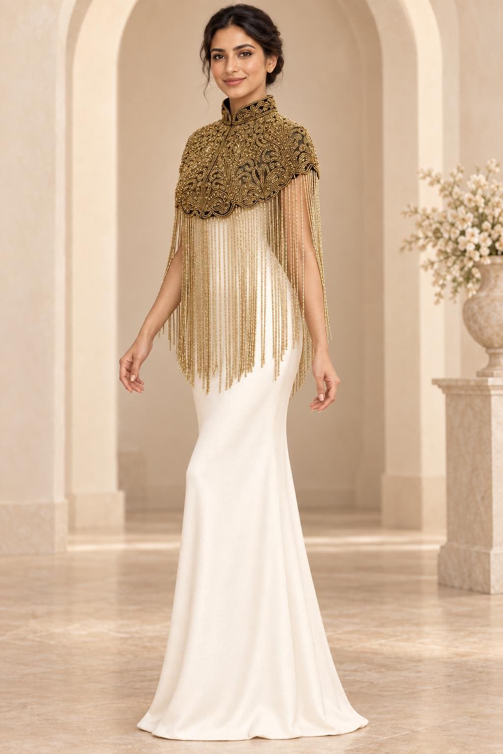 Gilded Noir Beaded Fringe Cape in black and gold, view 8