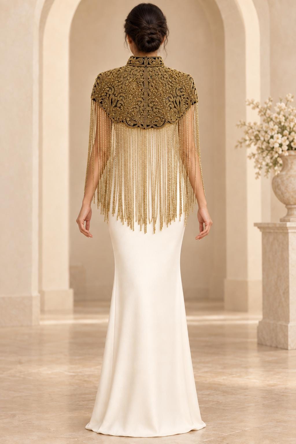 Gilded Noir Beaded Fringe Cape in black and gold, view 10