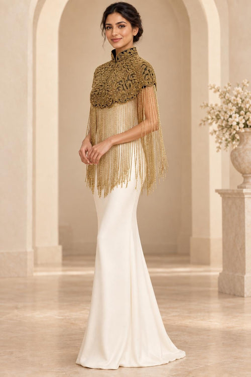 Gilded Noir Beaded Fringe Cape in black and gold, view 2