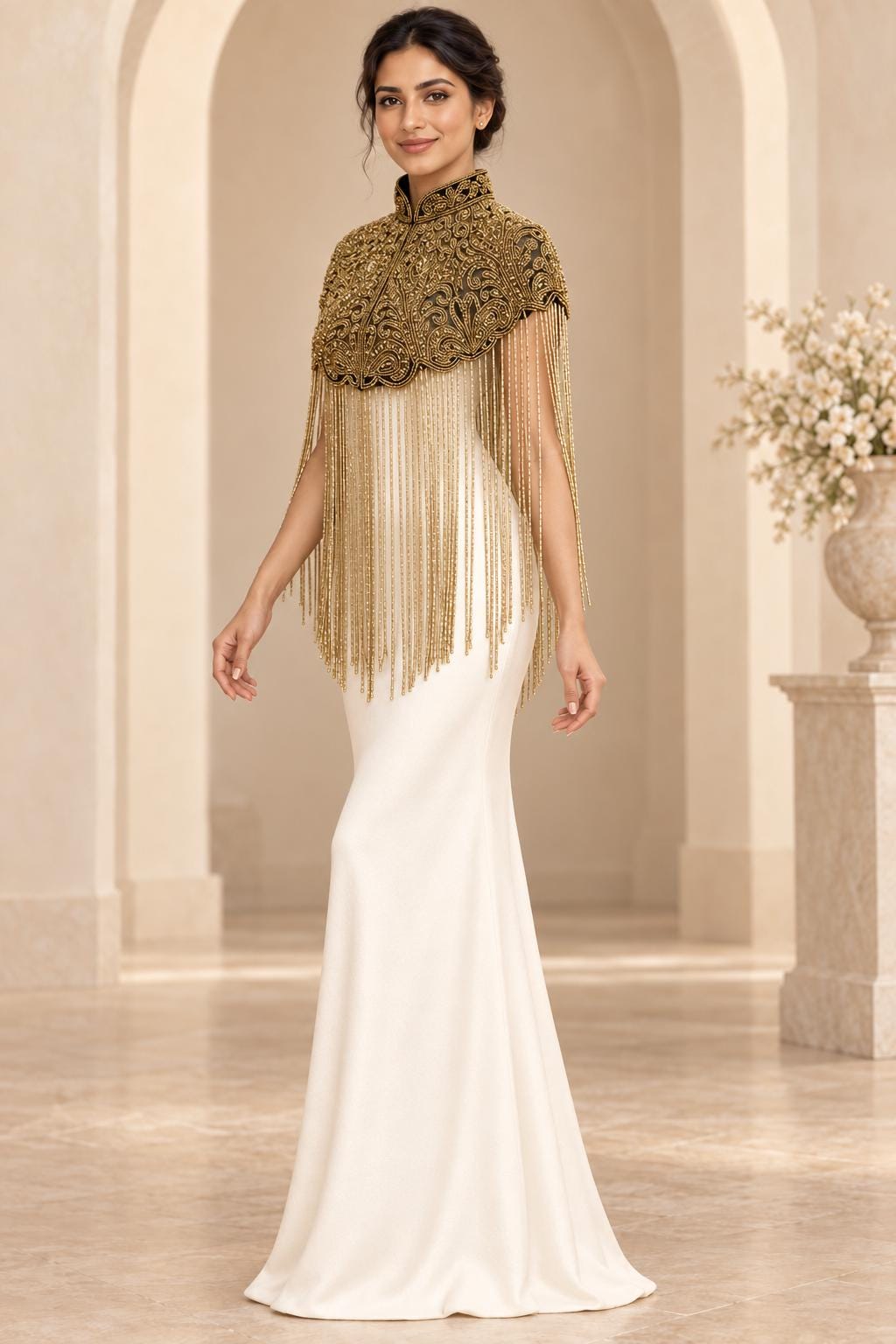 Gilded Noir Beaded Fringe Cape in black and gold, view 5