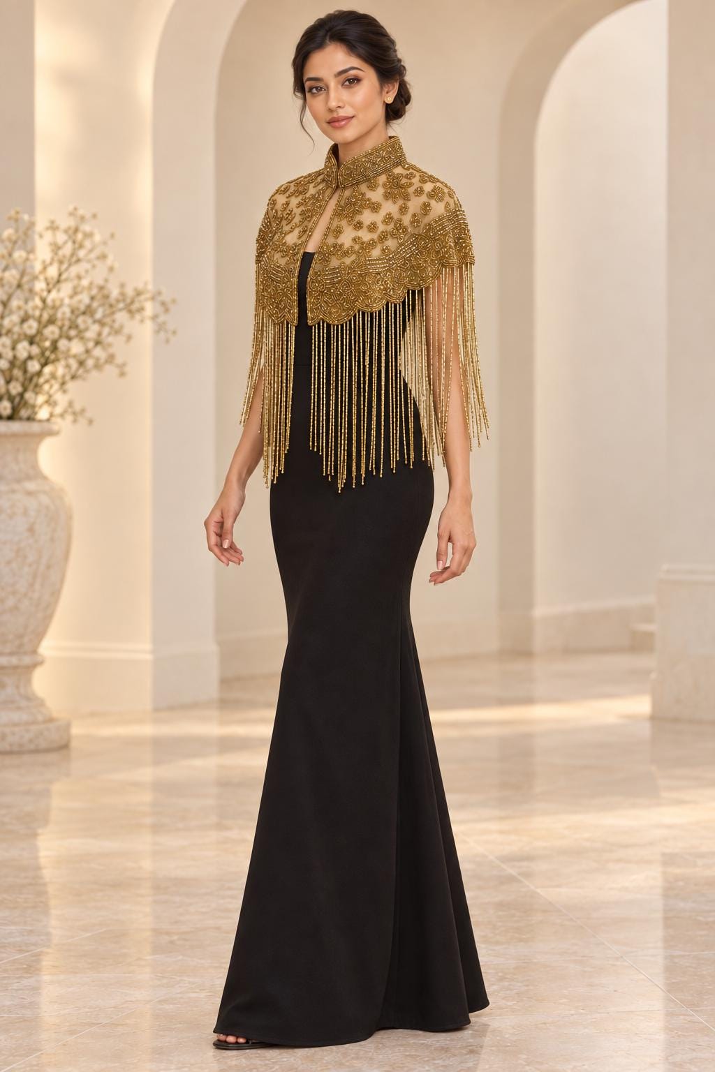 Golden Bloom Beaded Fringe Capelet in gold, view 2