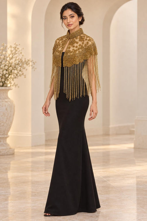Golden Bloom Beaded Fringe Capelet in gold, view 2