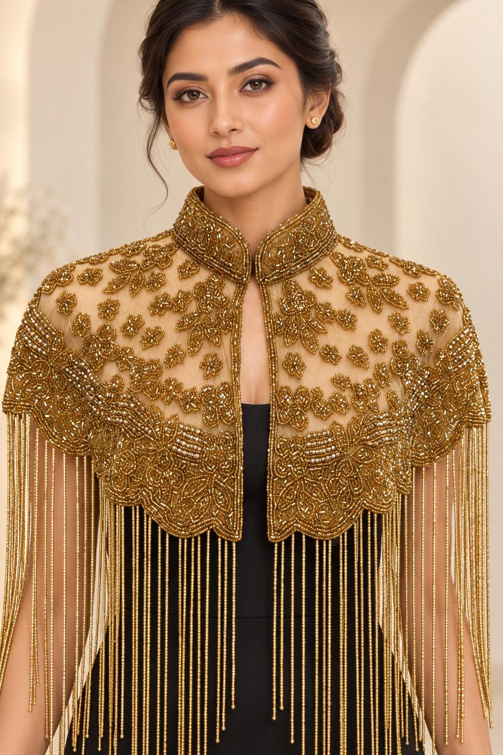 Golden Bloom Beaded Fringe Capelet in gold, view 9