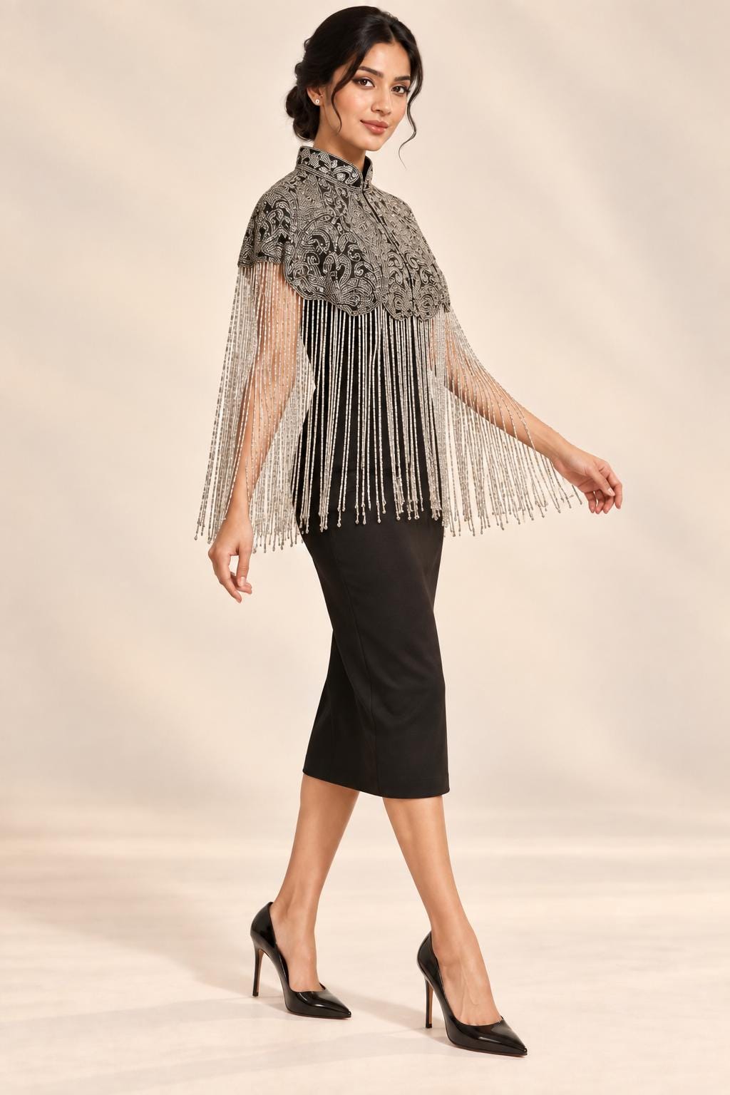 Silver Night Beaded Fringe Capelet in black and silver, view 5