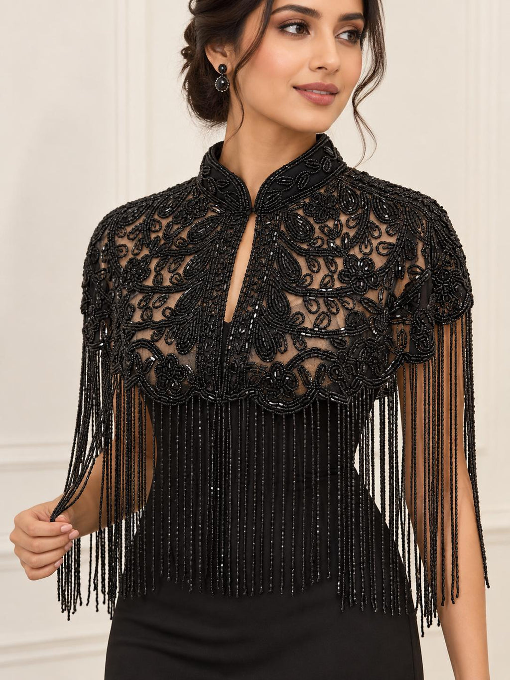 Paisley Noir Beaded Fringe Cape in black, view 3