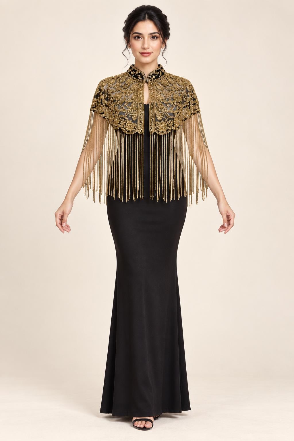 Antique Gold Beaded Fringe Cape in black and antique gold, view 1