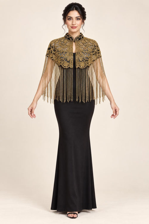 Antique Gold Beaded Fringe Cape in black and antique gold, view 1