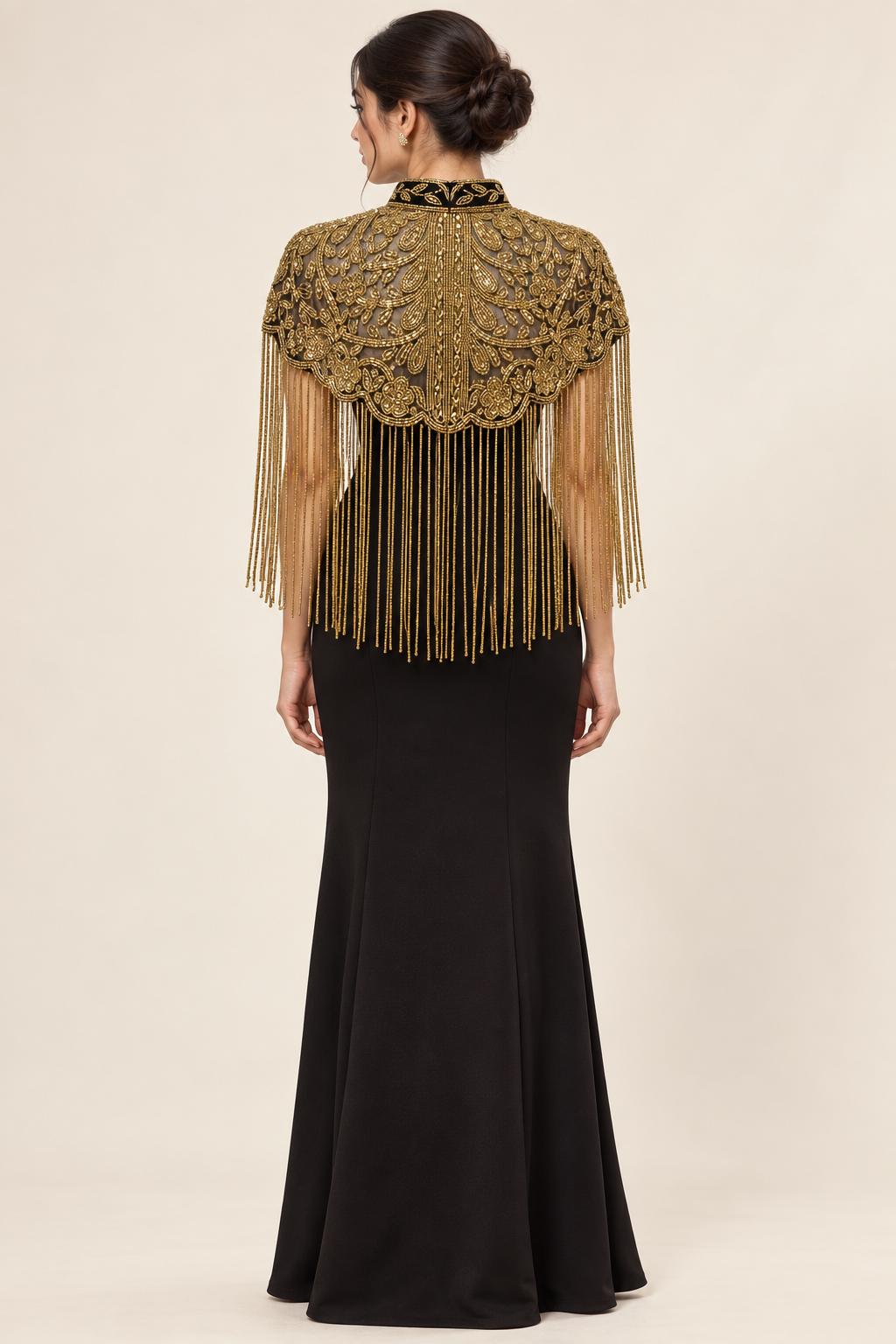 Antique Gold Beaded Fringe Cape in black and antique gold, view 4