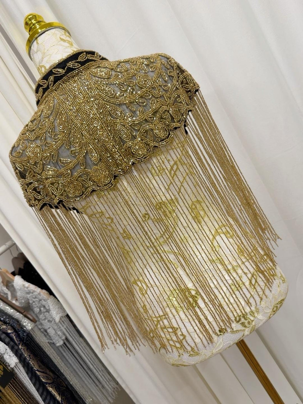 Antique Gold Beaded Fringe Cape in black and antique gold, view 8