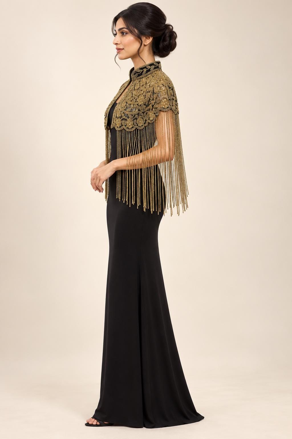Antique Gold Beaded Fringe Cape in black and antique gold, view 3