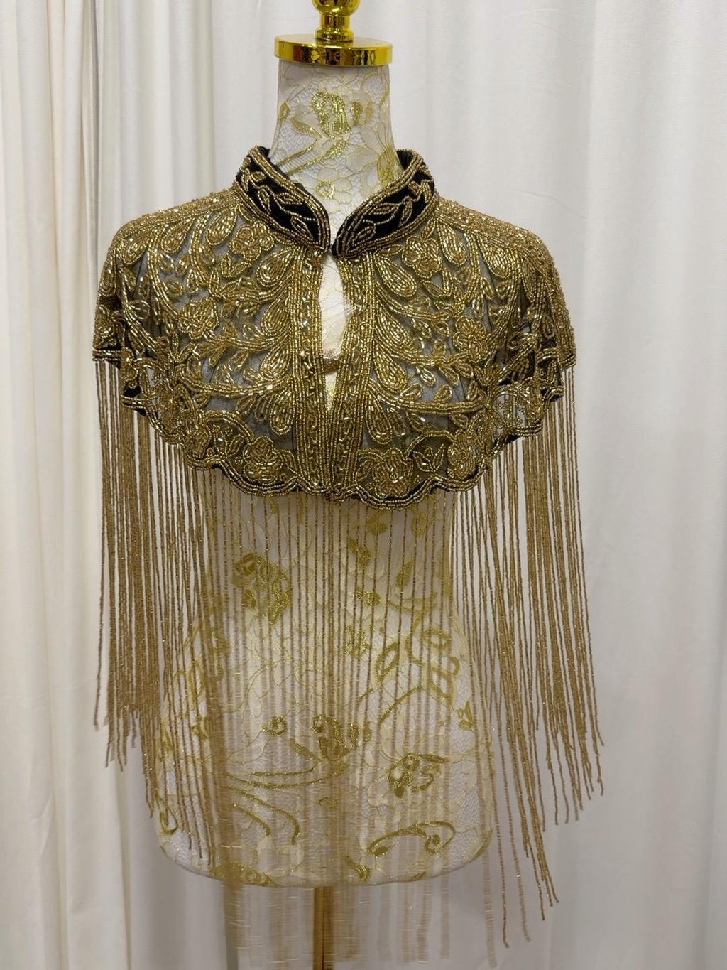 Antique Gold Beaded Fringe Cape in black and antique gold, view 5