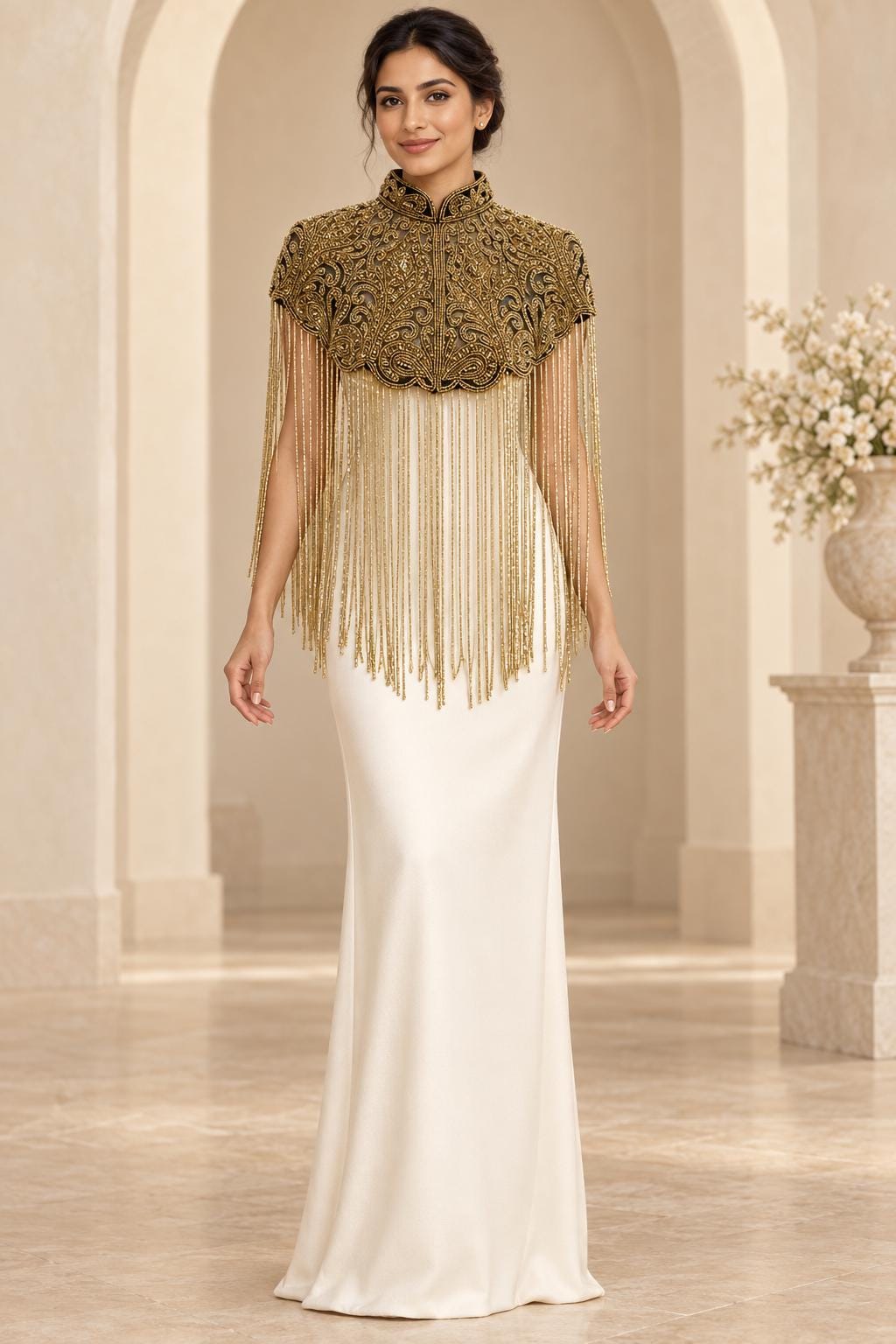 Gilded Noir Beaded Fringe Cape in black and gold, view 6