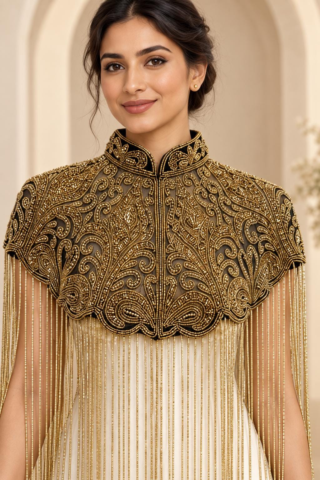 Gilded Noir Beaded Fringe Cape in black and gold, view 11