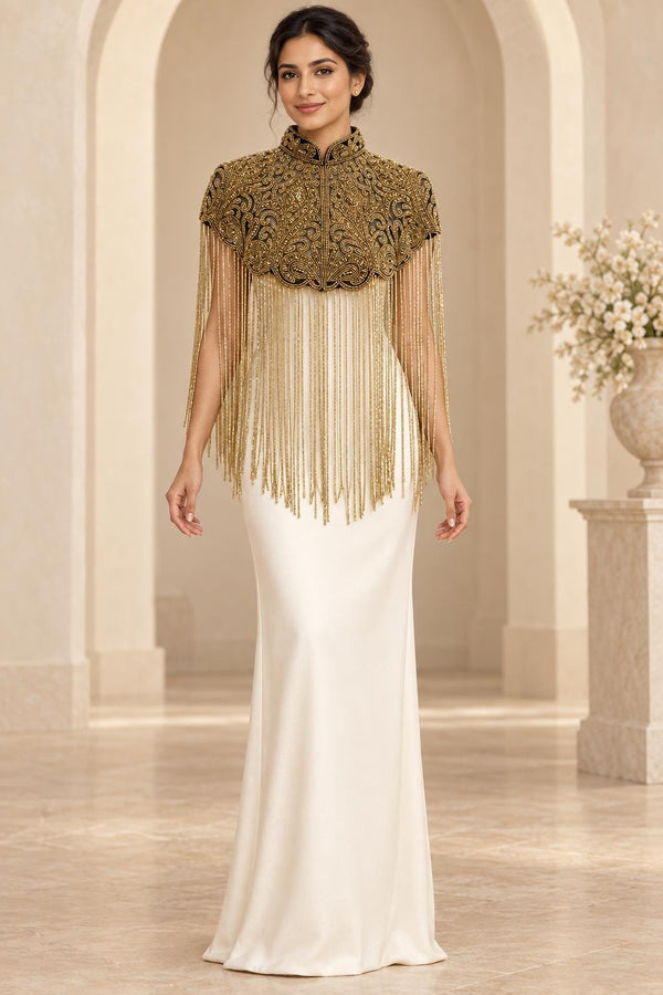 Gilded Noir Cape, hand beaded fringe cape