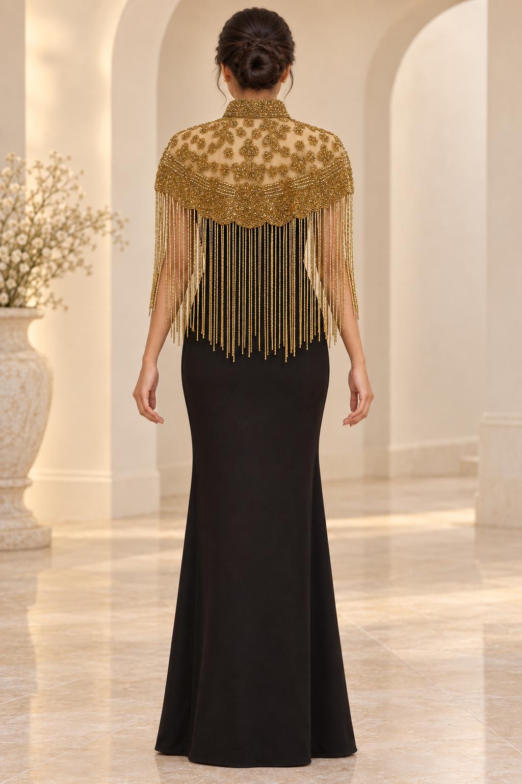 Golden Bloom Beaded Fringe Capelet in gold, view 4