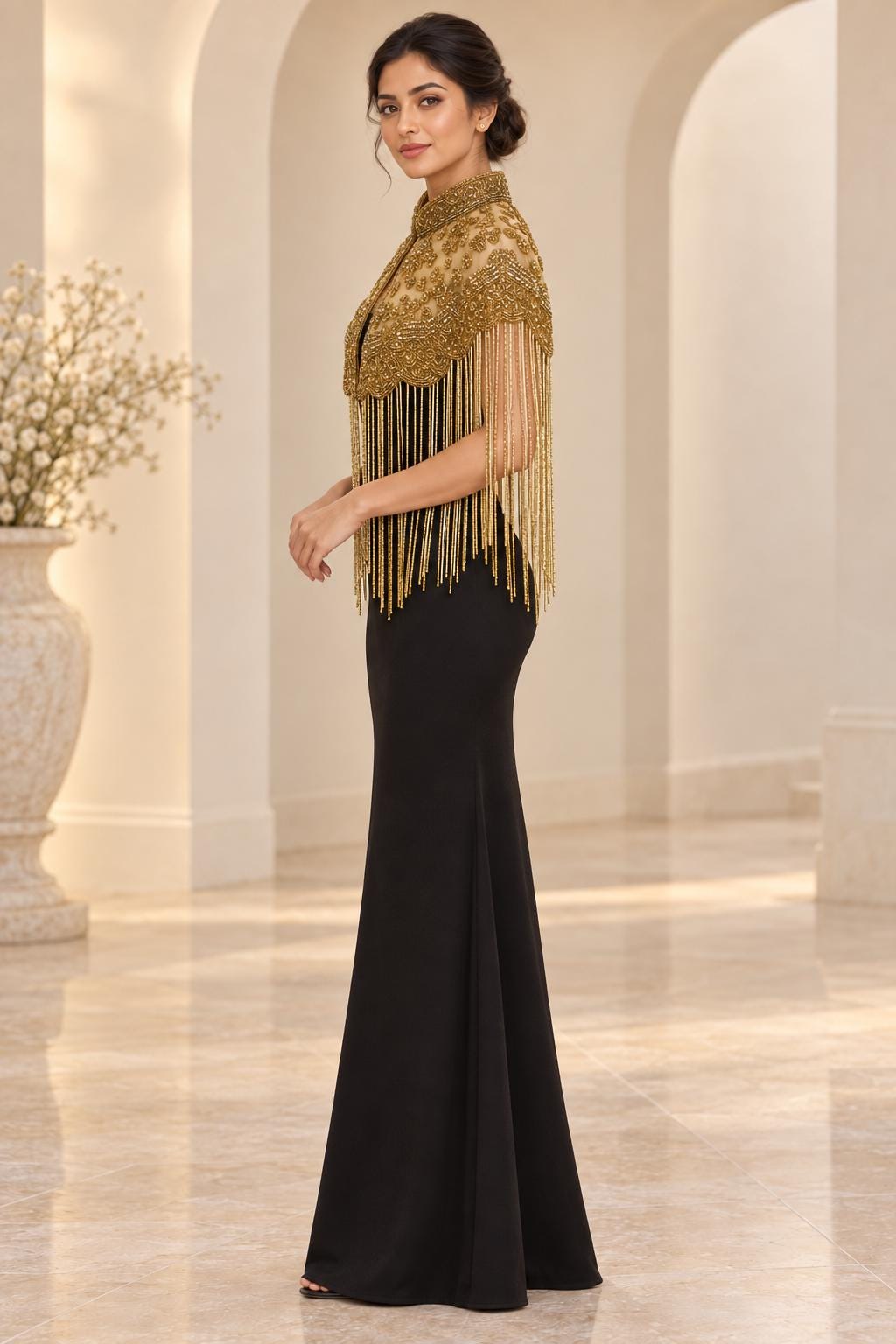 Golden Bloom Beaded Fringe Capelet in gold, view 3