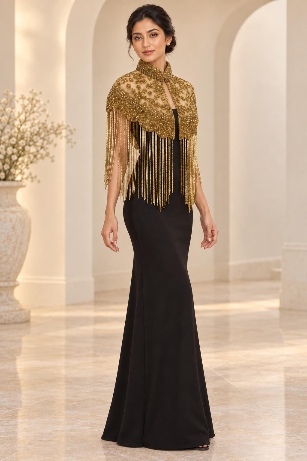 Golden Bloom Beaded Fringe Capelet in gold, view 7